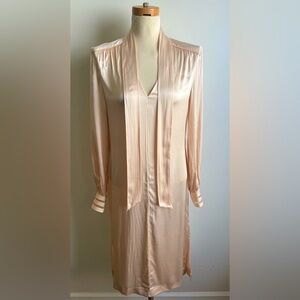 Reiss "Ray" Blush Pink Satin Midi Shirt Dress V-Neck Neck Tie Neutral Size 4